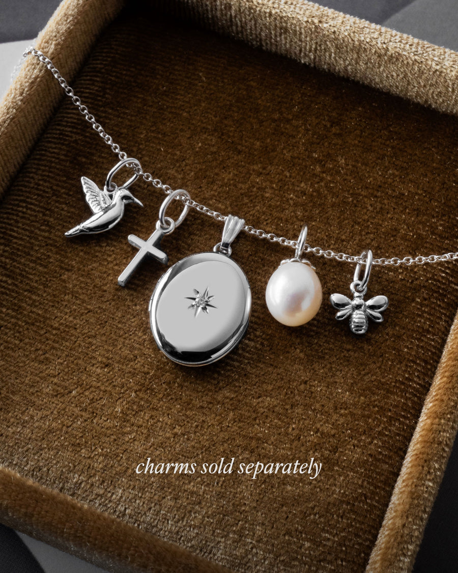 Diamond Starburst Oval Locket Charm - Silver