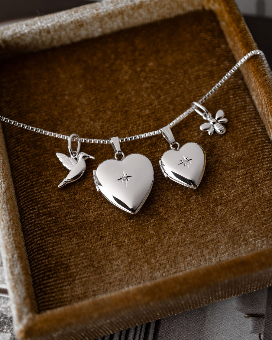 Diamond Starburst Heart Locket Charm - Silver