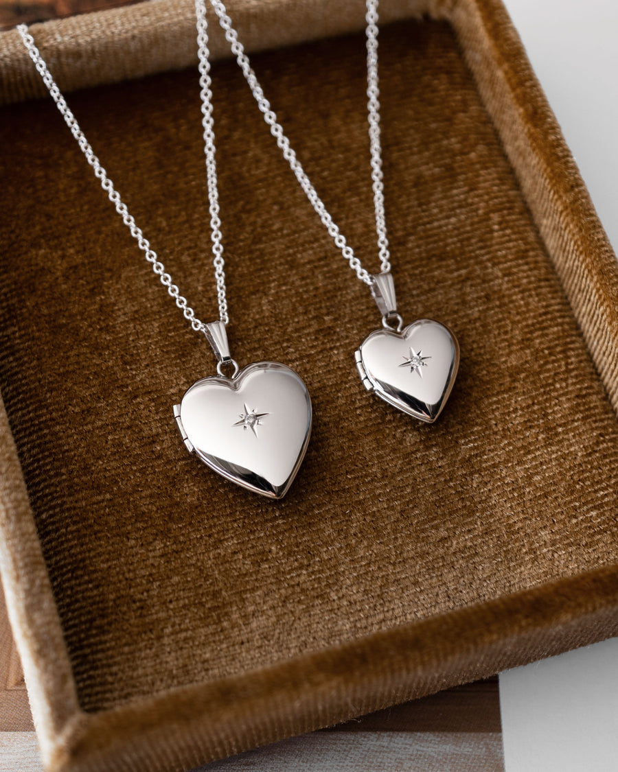 Diamond Starburst Heart Locket - Silver