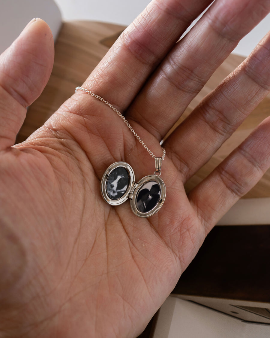 Diamond Starburst Oval Locket - Silver