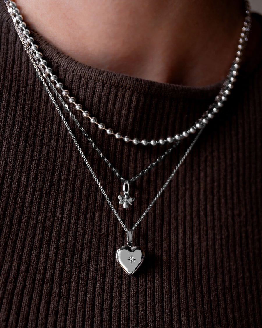 Diamond Starburst Heart Locket Charm - Silver