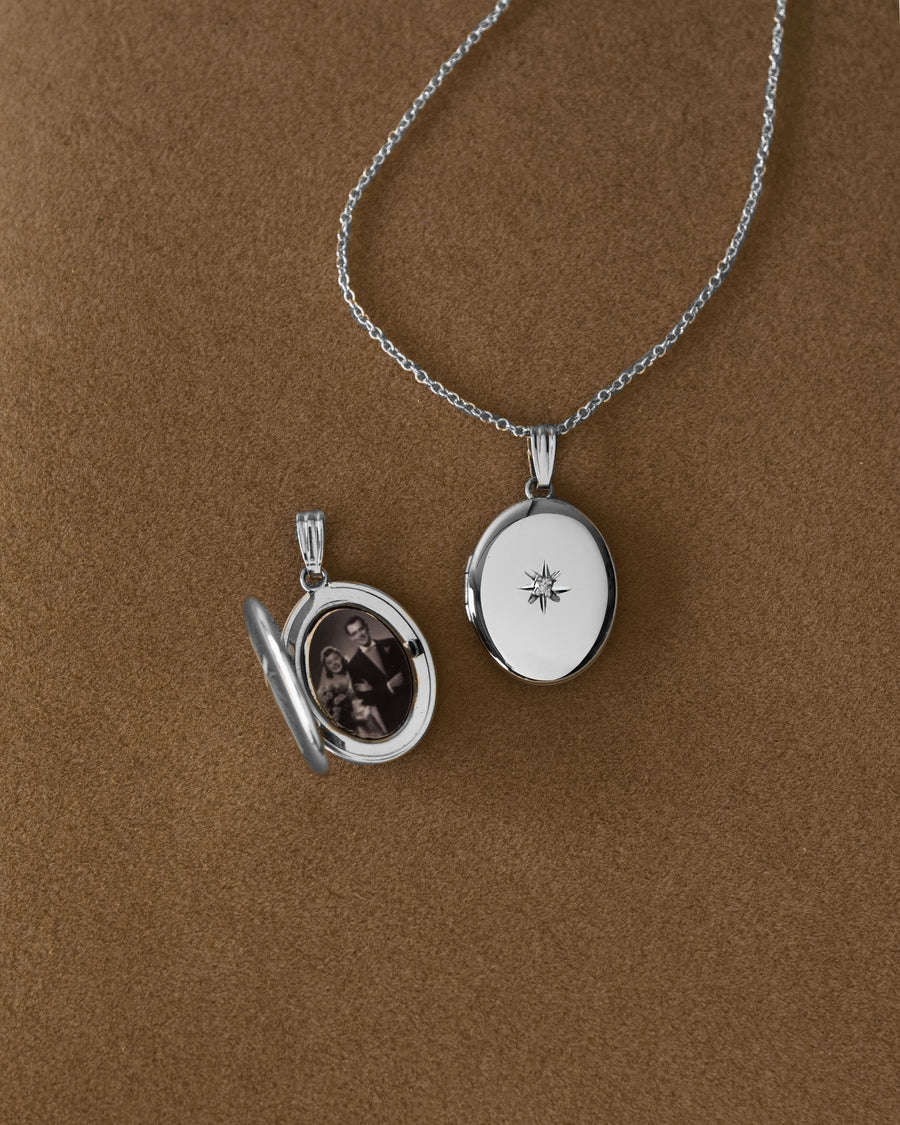 Diamond Starburst Oval Locket Charm - Silver