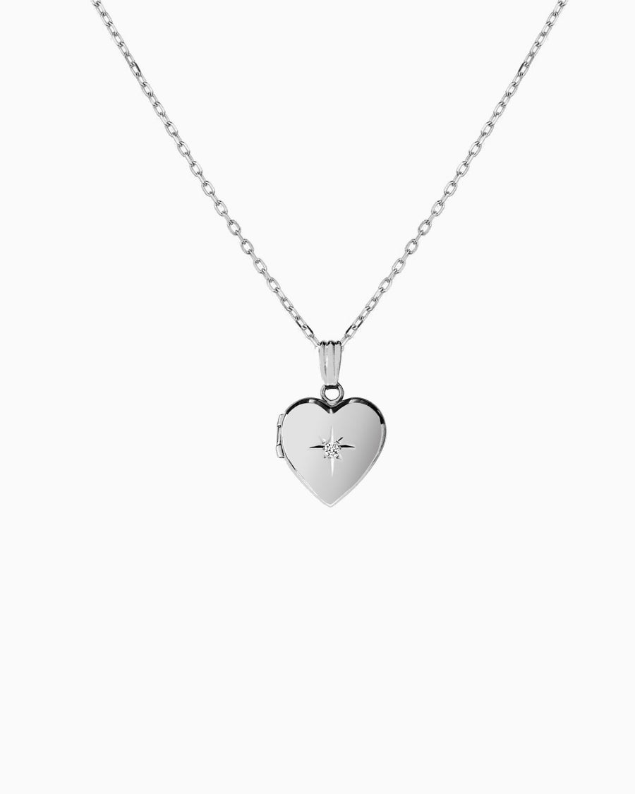 Diamond Starburst Heart Locket - Silver