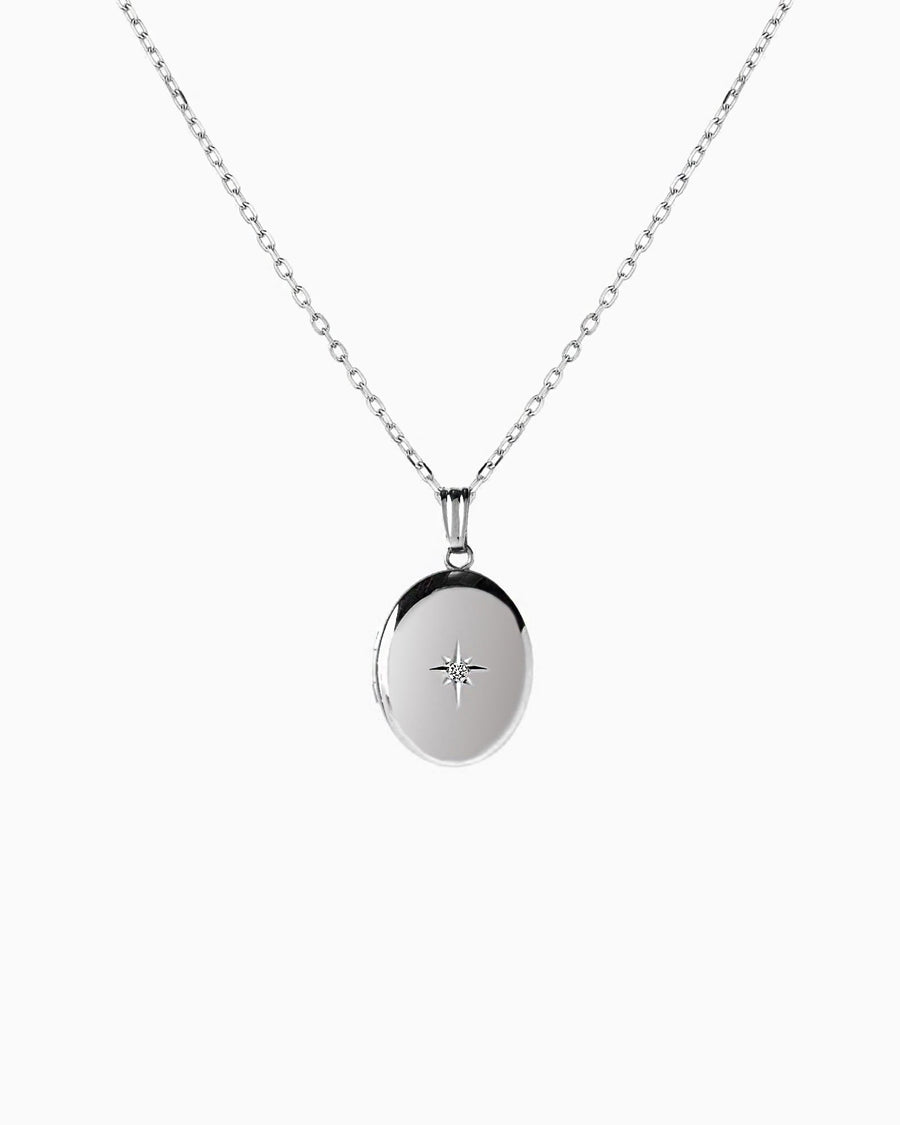 Diamond Starburst Oval Locket - Silver