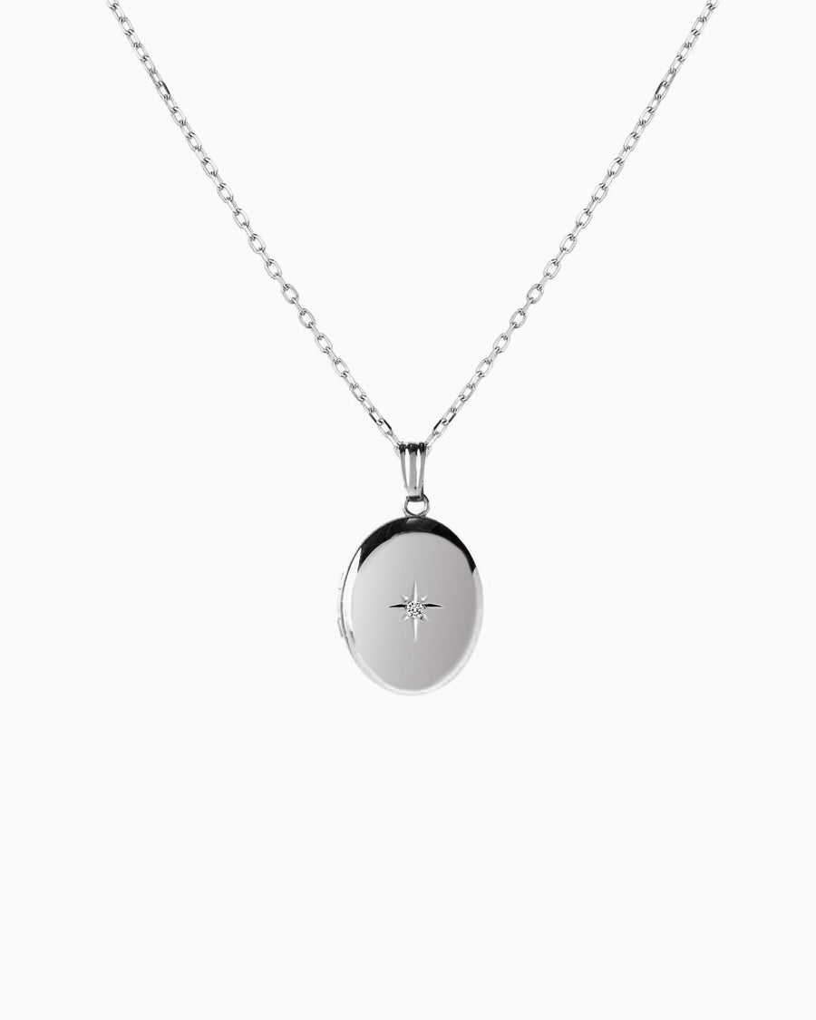 Diamond Starburst Oval Locket - Silver